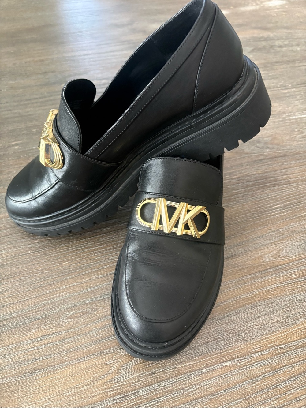 Michael Kors Black Leather Platform Loafers with Gold MK Emblem